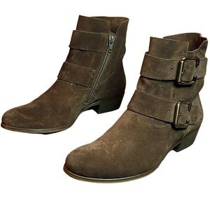 Paul Green Dark Brown Suede Almond Toe Ankle Booties With Side Buckles size 6